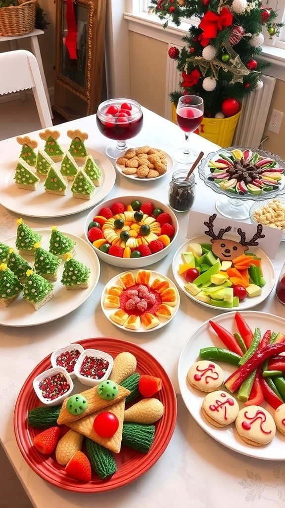 A festive display of kid-friendly Christmas party foods including sandwiches, fruits, veggies, and cookies.